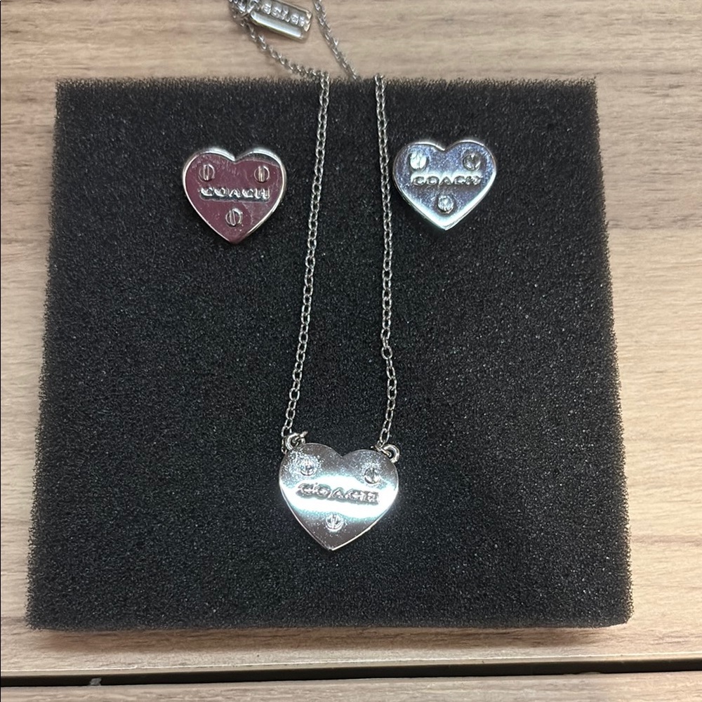 Coach Silver Heart Earring and Necklace set